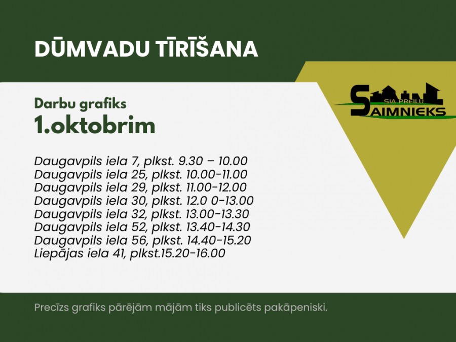 Turpinās dūmvadu tīrīšana SIA “Preiļu saimnieks” pārvaldītajās mājās - darbu plāns 1.oktobrim