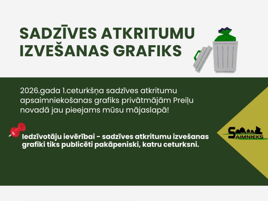 Sadzīves atkritumu izvešanas grafiki privātmājām 2026.gada 1.ceturksnim Preiļu novadā (JANVĀRIS, FEBRUĀRIS, MARTS)