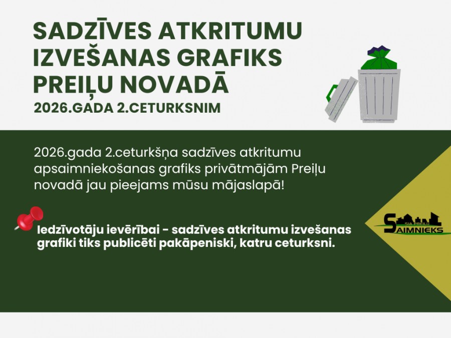 Sadzīves atkritumu izvešanas grafiki privātmājām 2026.gada 2.ceturksnim Preiļu novadā (APRĪLIS, MAIJS, JŪNIJS)