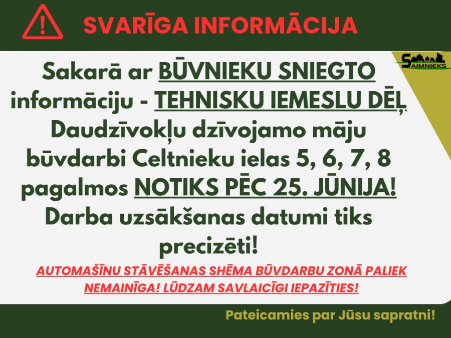 BŪVDARBI CELTNIEKU IELAS DAUDZDZĪVOKĻU MĀJU PAGALMOS TIEK PĀRCELTI