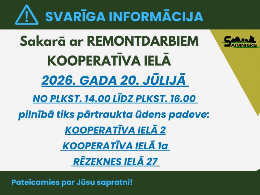 20. jūlijā tiks pārtraukta ūdens padeve atsevišķās adresēs